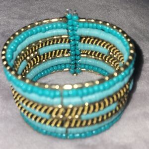 Seed bead turquoise gold Cuff wrap bracelet